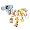 Koala spiral stroller and crib toy in yellow and green with plush koala head and hanging toys: colorful parrot, soft giraffe, yellow star teether, and clear rattle ring with beads.