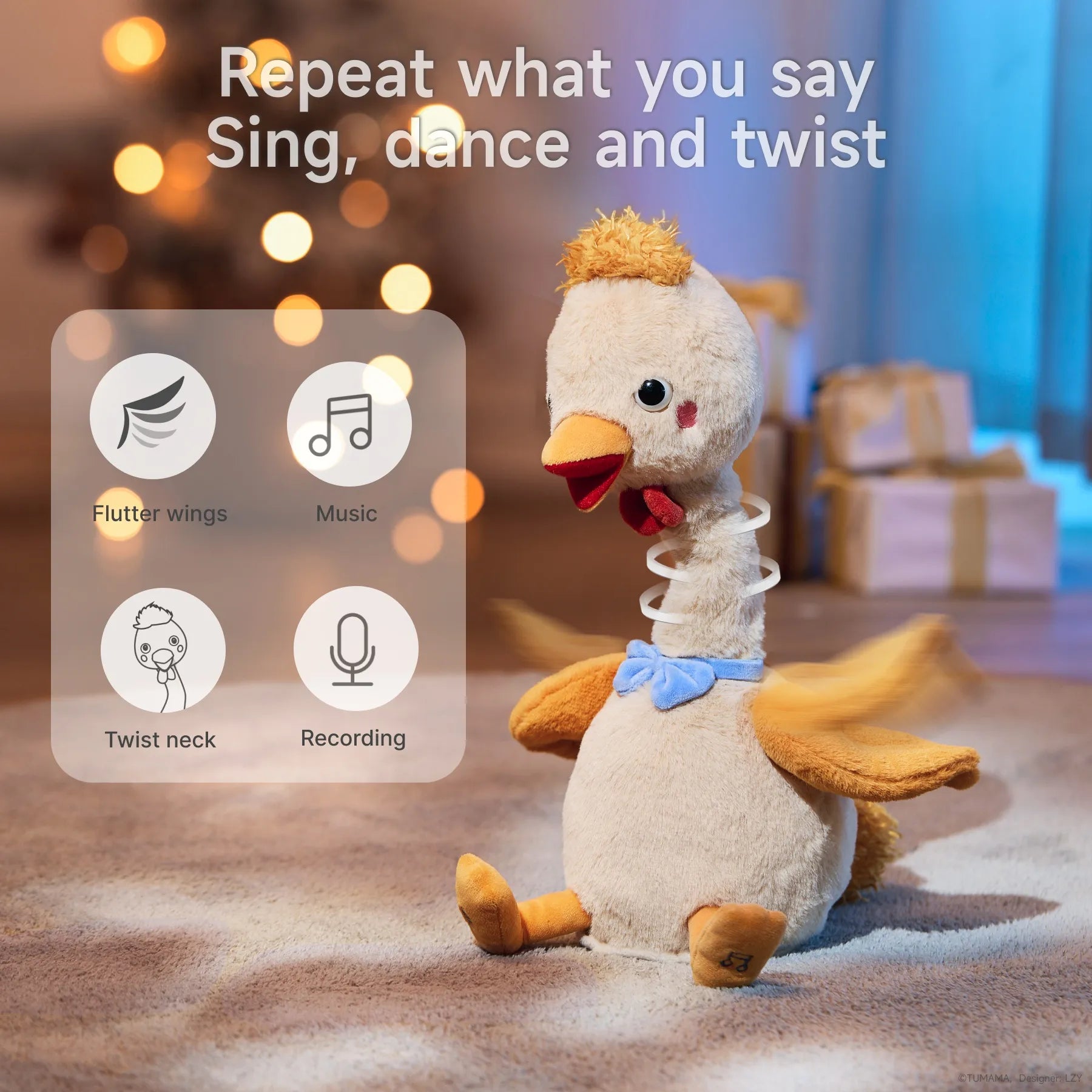 Interactive plush chicken toy twisting neck, flapping wings, and singing on a carpeted floor with Christmas lights and gifts in the background. Icons highlight features: flutter wings, music, twist neck, and recording.