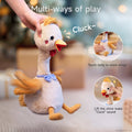 Interactive Plush chicken toy being lifted by hand while flapping its wings, with text 'Multi-ways of play' and labels showing features: 'Touch belly to wave wings' and 'Lift the chick make 