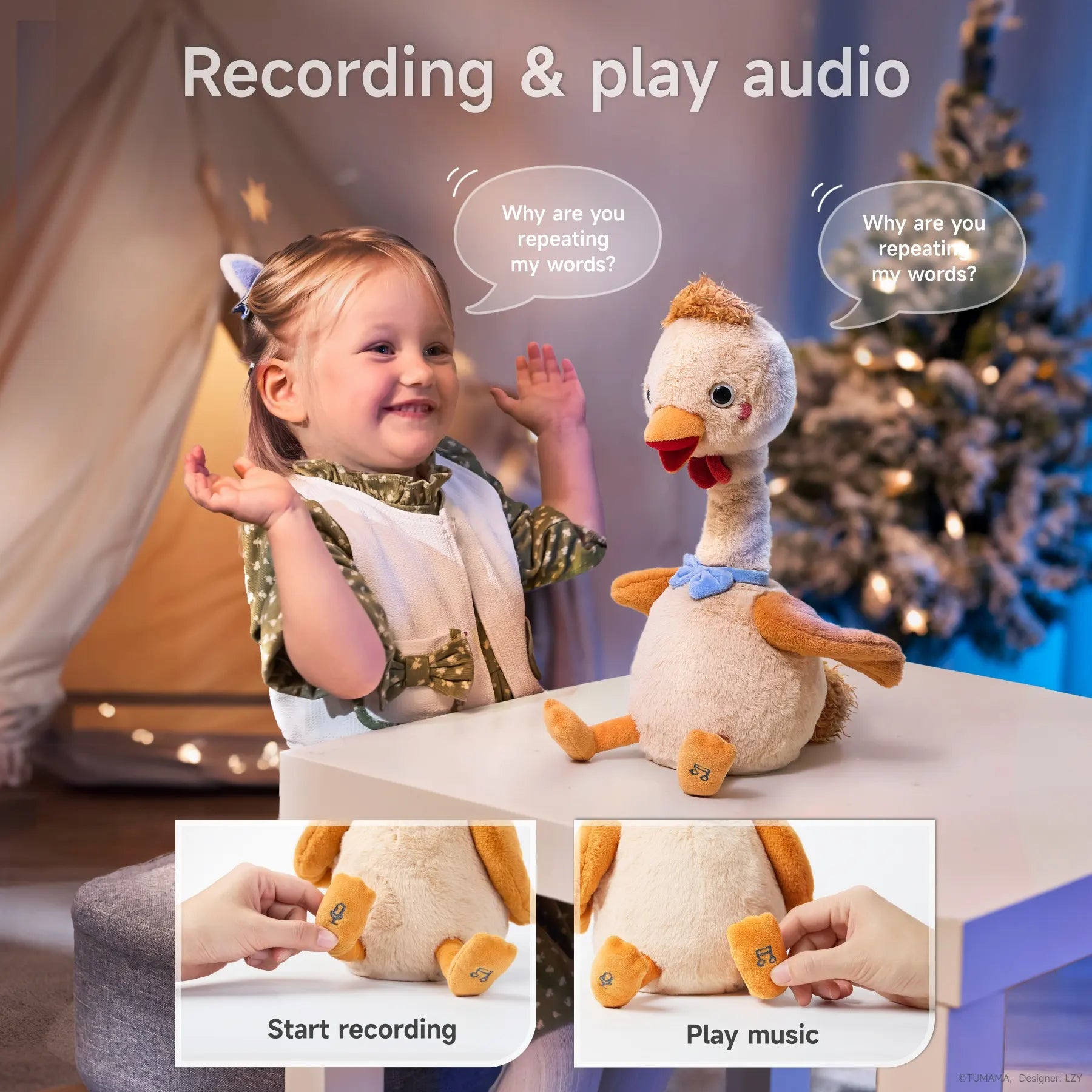 Girl interacts with a plush chicken toy that repeats her words; text reads 'Recording & play audio'. Inset images show buttons on the toy’s feet labeled 'Start recording' and 'Play music'.