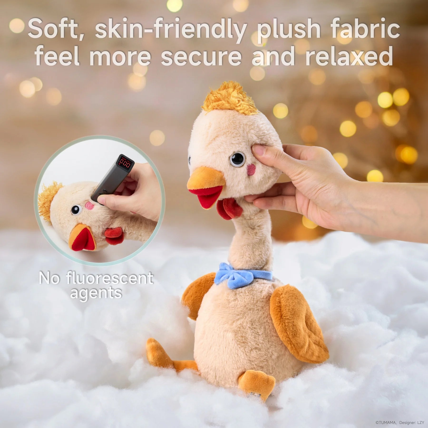 Hand holding a Interactive plush chicken toy made of soft, skin-friendly fabric with a blue bow tie, surrounded by fluffy material. Inset shows a fluorescent agent detector reading zero. Text reads 'Soft, skin-friendly plush fabric feel more secure and relaxed' and 'No fluorescent agents'.
