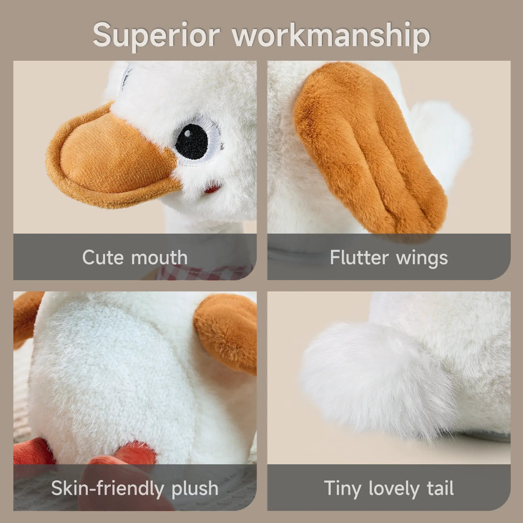 Detailed features of the singing and dancing duck toy including a cute mouth, fluttering wings, skin-friendly plush body, and a tiny, lovely tail.