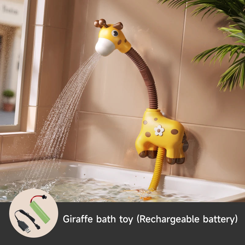 Toddler bath toy – giraffe shower head (rechargeable battery version) with gentle water spray, includes USB charging cable for convenient use.