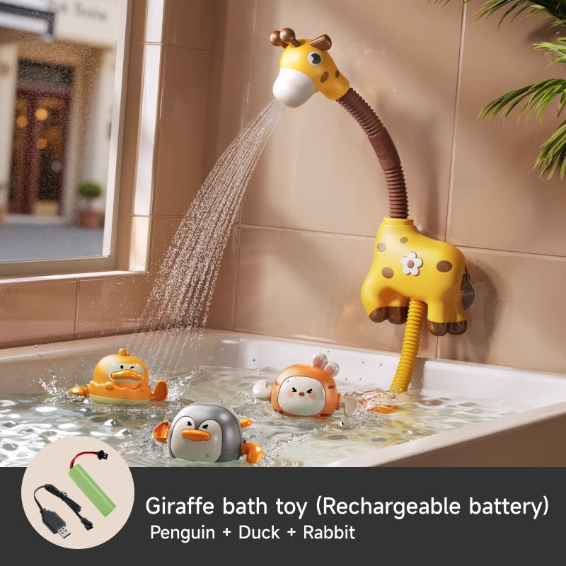 Toddler bath toy set featuring giraffe shower head (rechargeable battery version) with cute floating toys – penguin, duck, and rabbit designs for bath time fun.