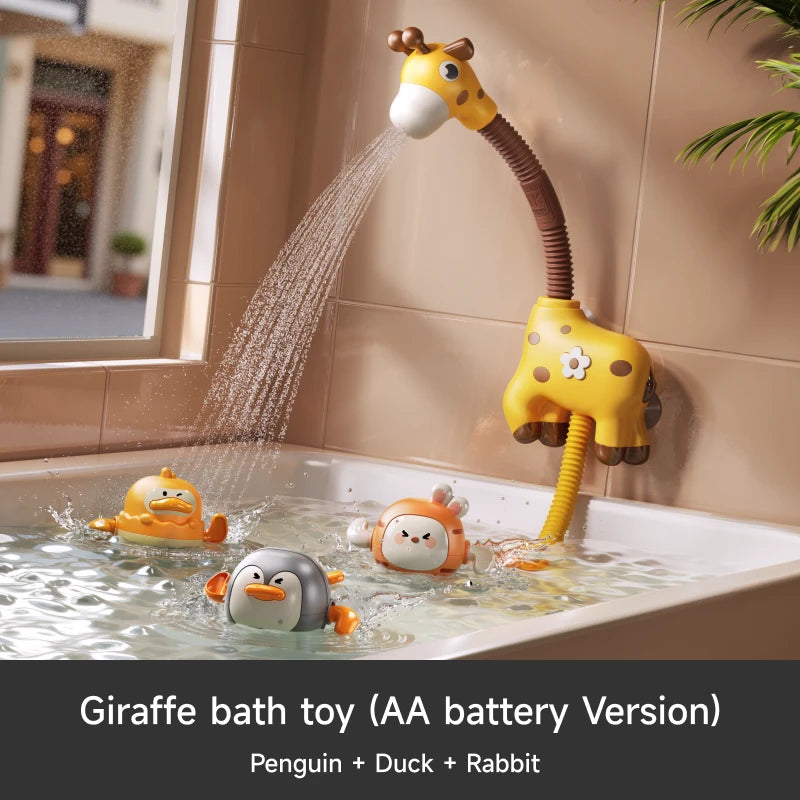 Toddler bath toy set featuring giraffe shower head (AA battery version) with cute floating animal toys – penguin, duck, and rabbit designs.