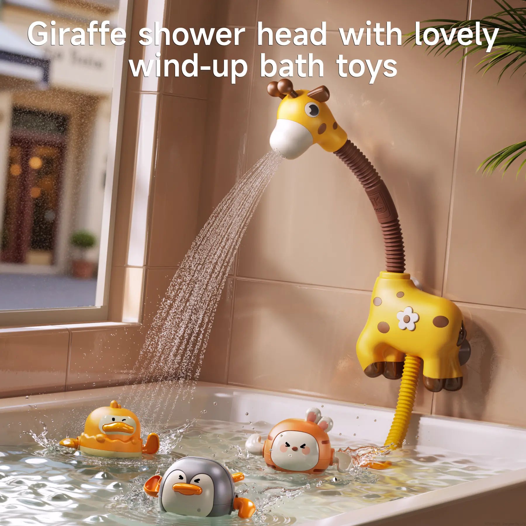 Giraffe shower head with cute wind-up bath toys floating in the water, including duck, penguin, and bunny designs, perfect for toddler bath time fun.