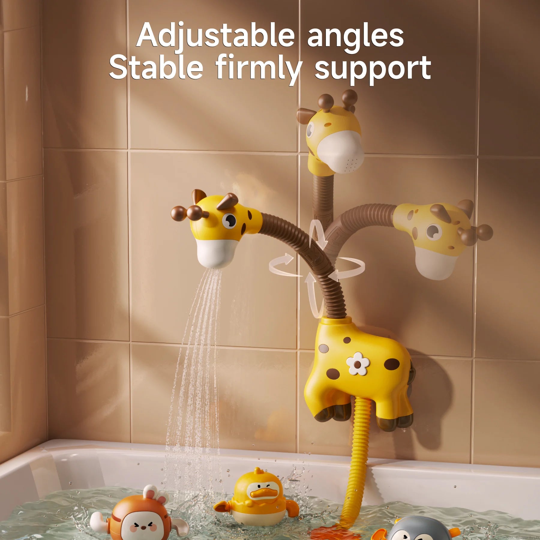 Giraffe shower head bath toy with adjustable angles and stable support, shown spraying water while cute wind-up bath toys float in the bathtub.