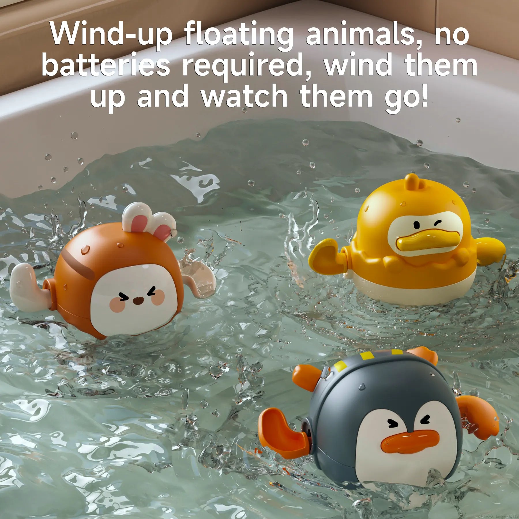 Cute wind-up floating animal bath toys – duck, penguin, and bunny – moving in water with splashes, fun and battery-free toys for toddlers.