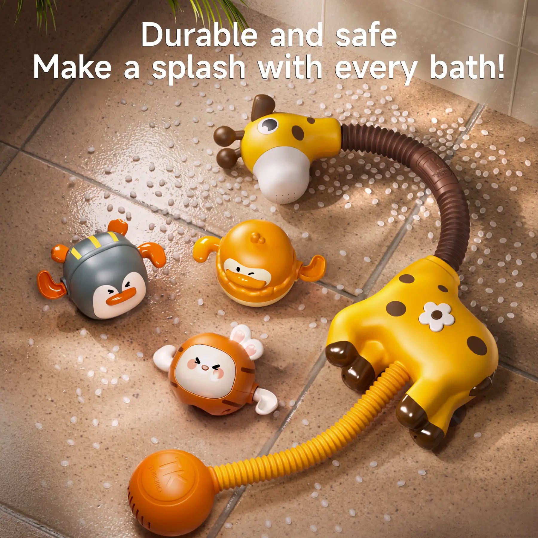 Toddler bath toy set with giraffe shower head and wind-up floating toys shaped like duck, penguin, and bunny, shown on wet bathroom floor, durable and safe design.