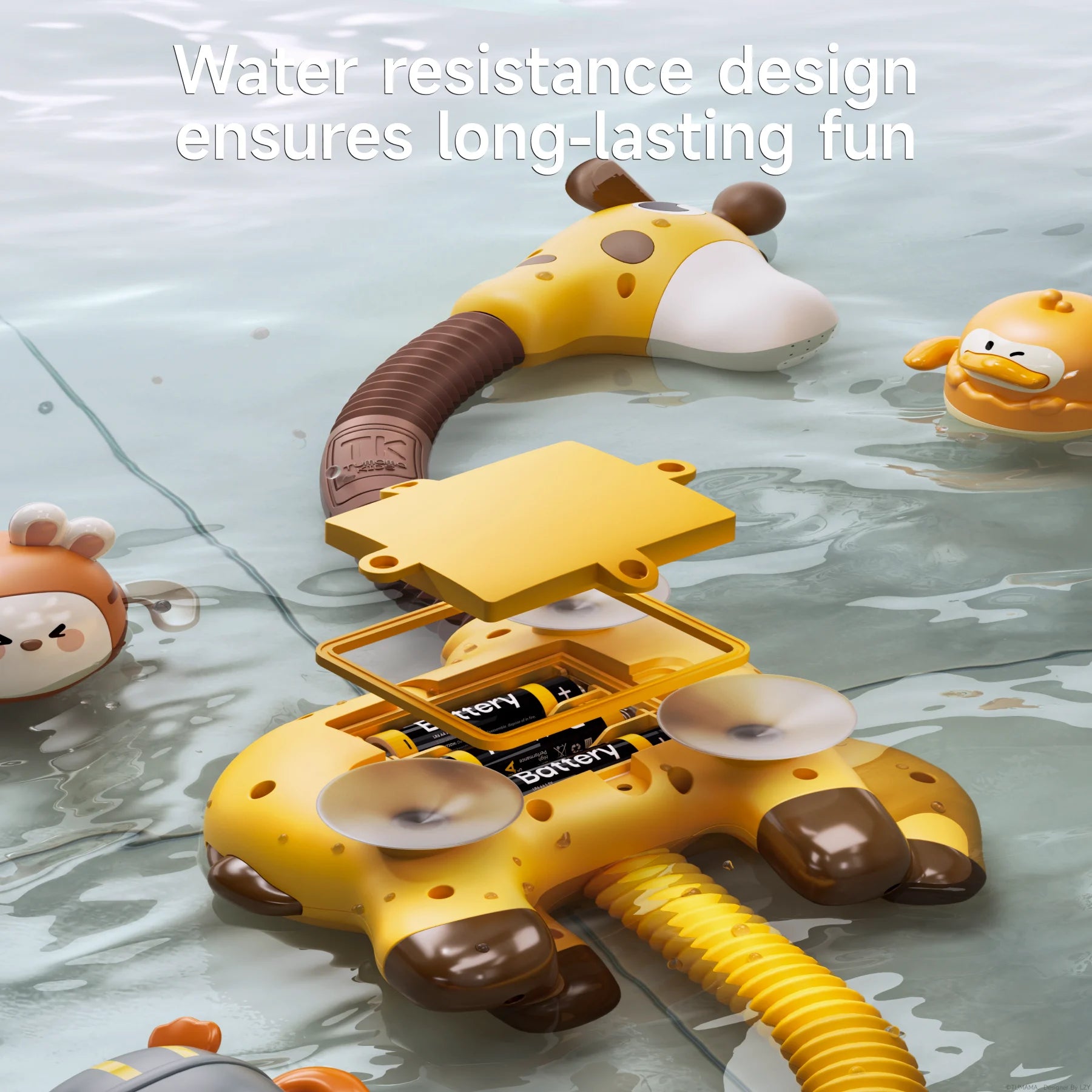 Water-resistant giraffe shower bath toy set for toddlers, durable design with sealed battery compartment and suction cups, includes cute floating animal toys.