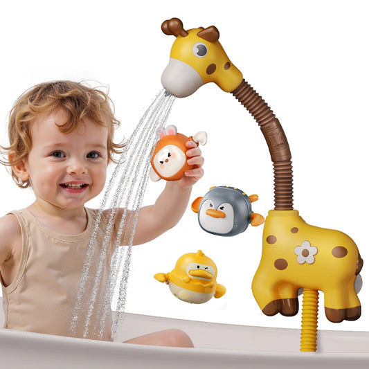 Toddler bath toy set featuring a giraffe shower head and wind-up floating water toys – baby playing happily in the bathtub with duck, penguin, and bunny bath toys.