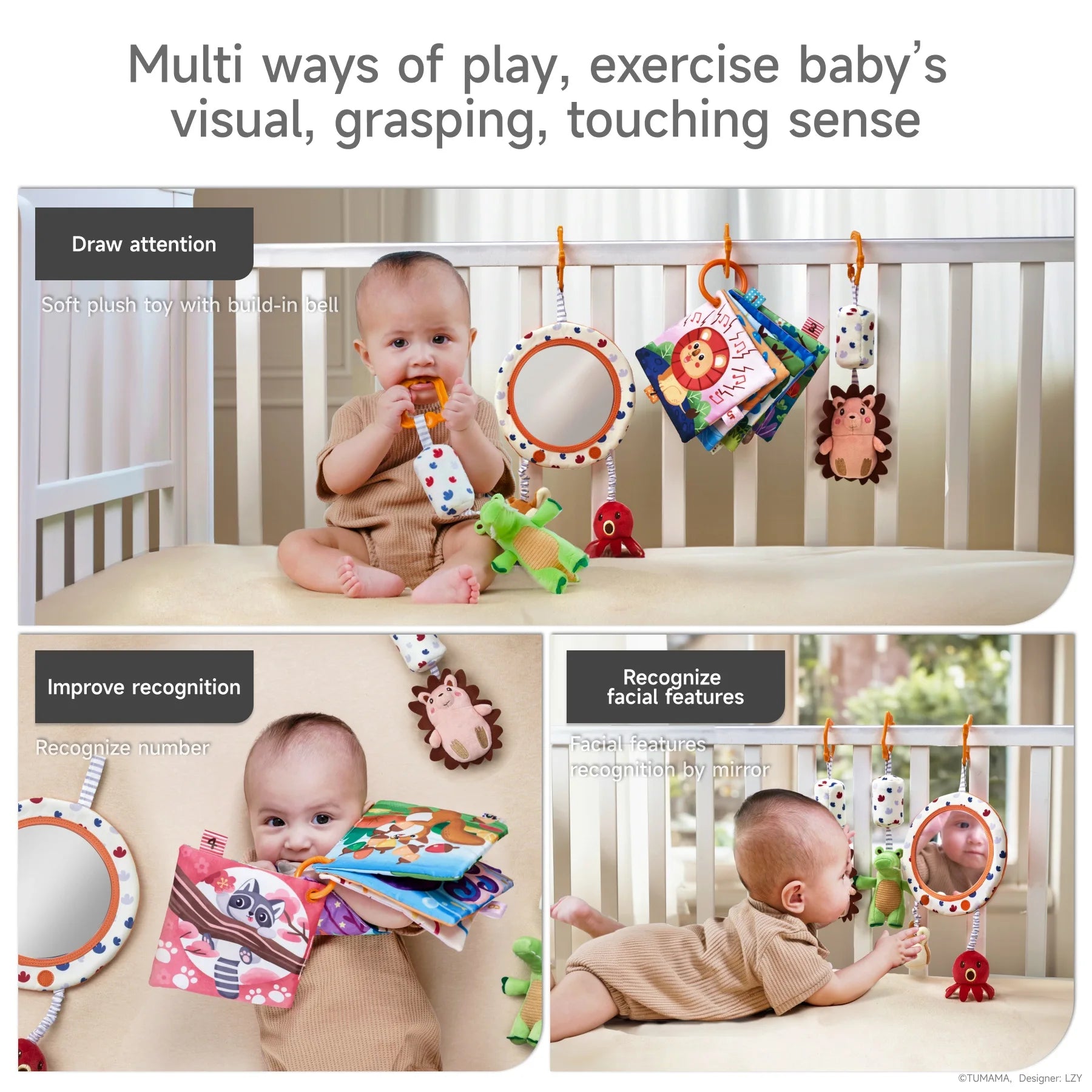 A collage of three scenes showing a baby playing with a colorful soft toy set in a crib. The top image shows the baby seated with various hanging plush toys, a mirror, and cloth books; text overlays read “Draw attention” and “Multi ways of play, exercise baby’s visual, grasping, touching sense.” The bottom left shows the baby engaging with cloth books labeled “Improve recognition.” The bottom right shows the baby on their tummy looking at their reflection in the mirror labeled “Recognize facial features.”