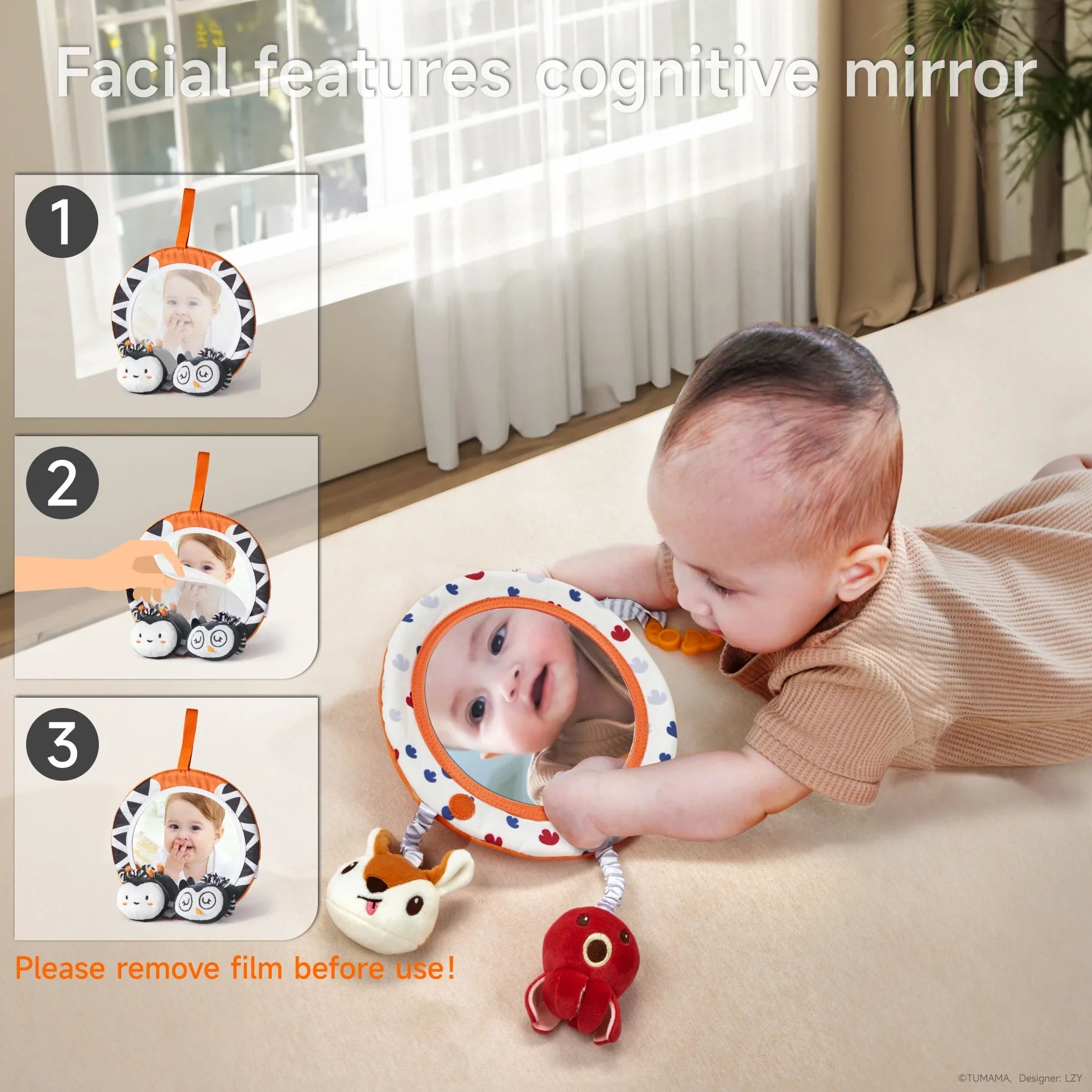 A baby lies on their tummy on a soft surface, gazing into a round plush mirror with colorful animal prints and attached hanging plush toys. The mirror reflects the baby’s face. On the left, three smaller panels show steps for using the mirror: 1) cloudy reflection with film on, 2) removing the protective film, and 3) clear reflection of the baby’s face. Text reads “Facial features cognitive mirror” and “Please remove film before use!”