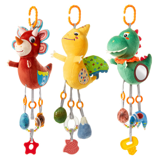 Set of three plush dinosaur baby hanging toys with rattle, teether, and mirror, designed for strollers or cribs.