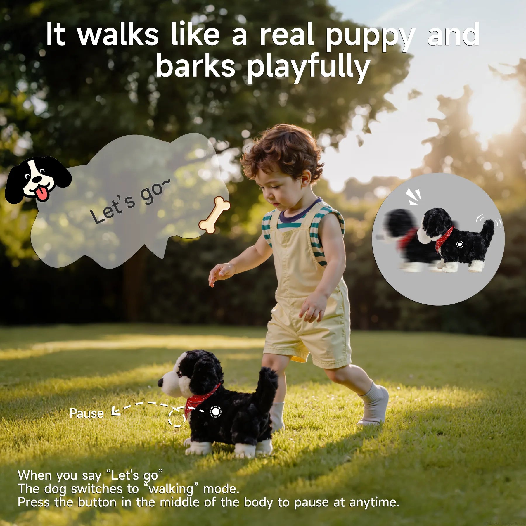 A child walking beside a voice-controlled realistic toy dog wearing a red bandana, as the toy moves forward in “walking mode” and barks playfully in the park.