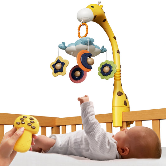 Baby cot mobile, crib toys with remote control, projection night light music white noise, nursery giraffe toys for newborn 0 Month+