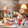 Young girl joyfully playing with an interactive plush toy cat wearing a red bandana, feeding it a toy fish and patting its head, while the cat meows and wags its tail on a cozy rug beside Christmas decor.