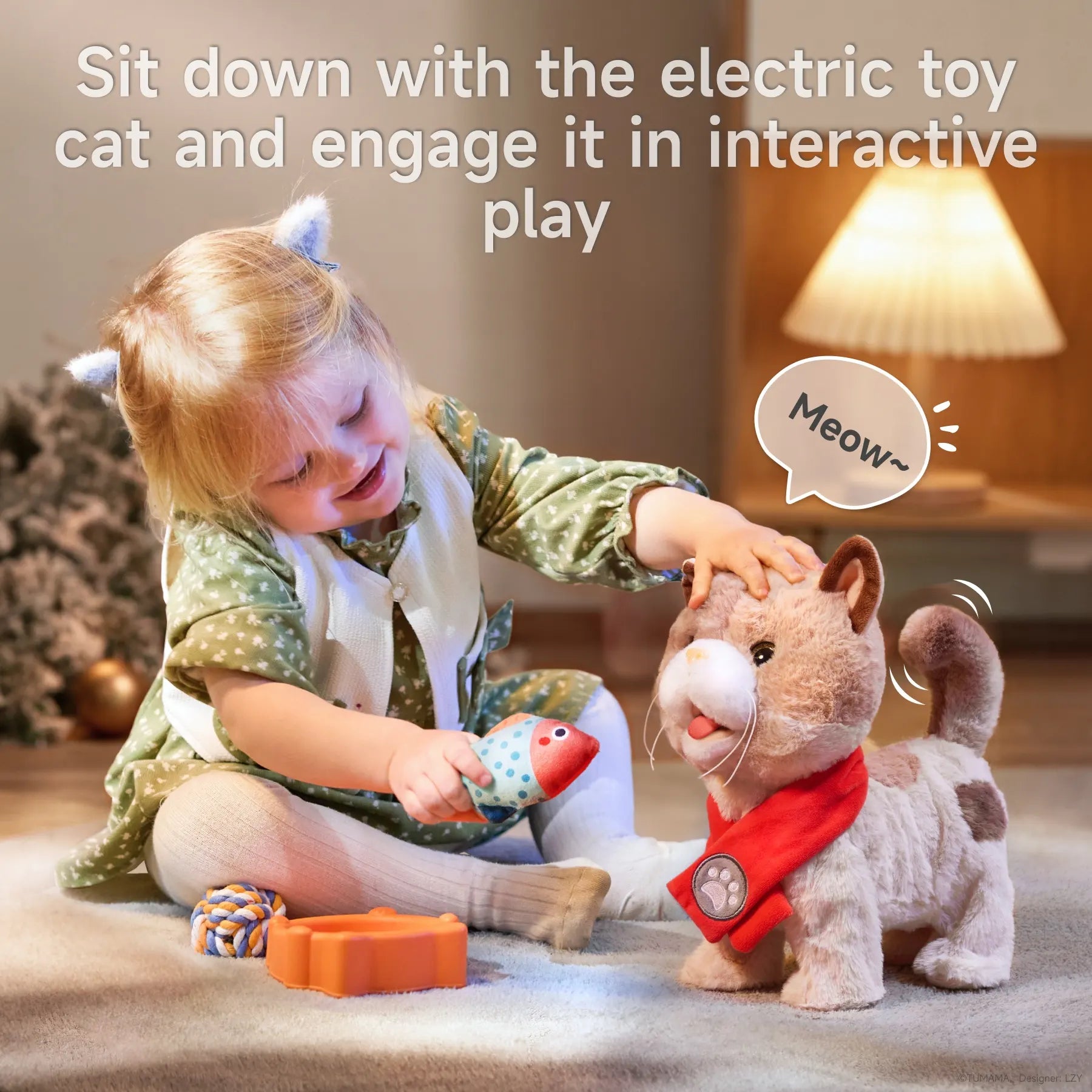 Young girl joyfully playing with an interactive plush toy cat wearing a red bandana, feeding it a toy fish and patting its head, while the cat meows and wags its tail on a cozy rug beside Christmas decor.