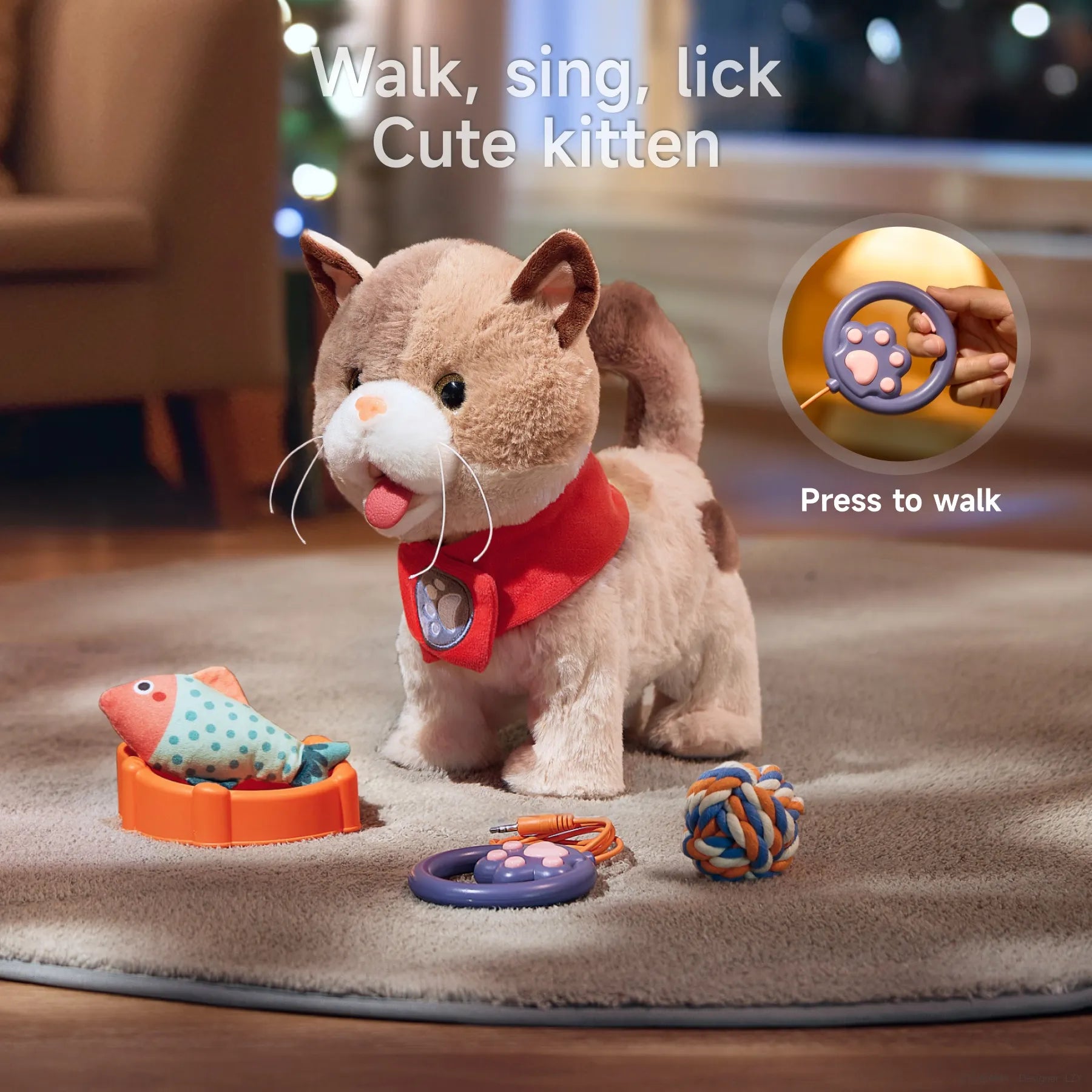 Electric toy cat with red bandana standing on a rug next to a toy fish, rope ball, and leash controller, with text describing its ability to walk, sing, and lick; inset shows a hand pressing the paw-shaped remote.