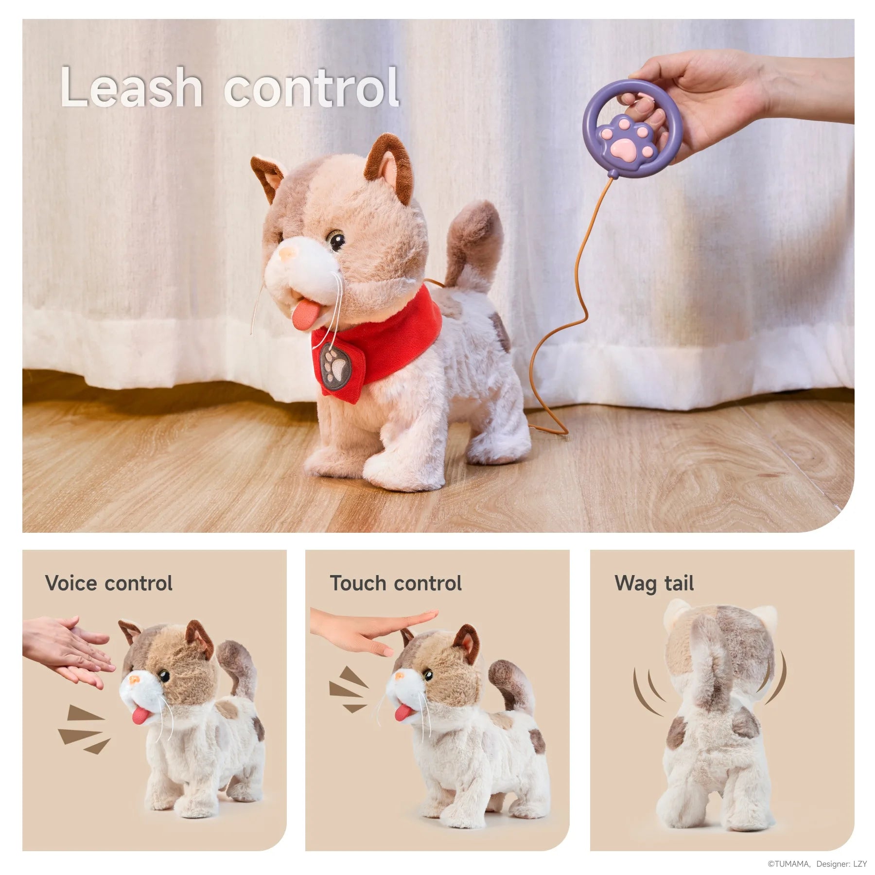 Interactive electric toy cat with a red bandana shown being operated by a paw-shaped leash controller; bottom section highlights voice control, touch control, and tail-wagging features through labeled illustrations.