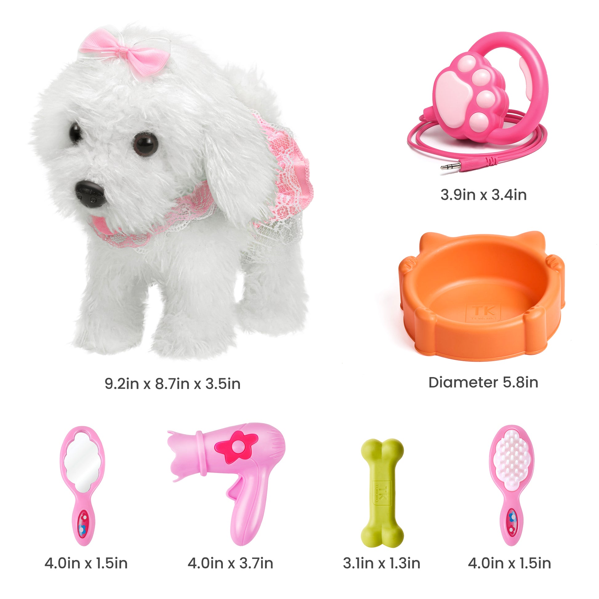 White plush toy dog dressed in pink lace with a pink bow, shown alongside pink and orange grooming accessories including a stethoscope (3.9in x 3.4in), pet bowl (5.8in diameter), mirror (4.0in x 1.5in), hairdryer (4.0in x 3.7in), green bone (3.1in x 1.3in), and brush (4.0in x 1.5in). Main dog size: 9.2in x 8.7in x 3.5in.