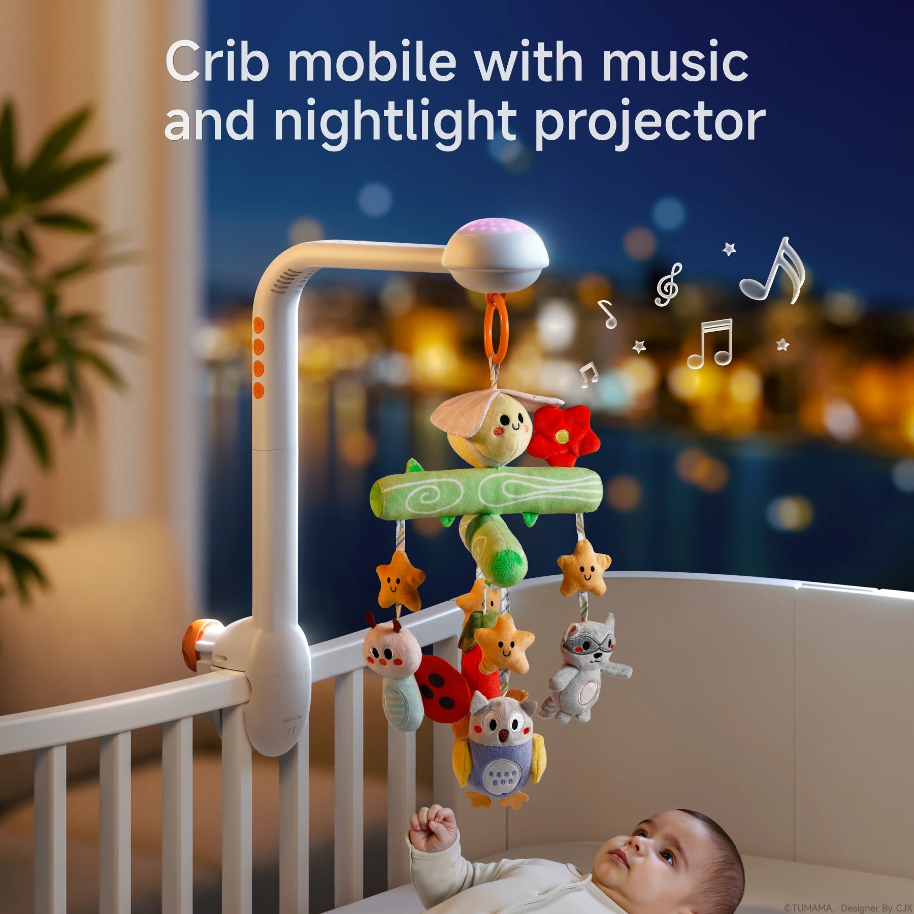 A crib mobile attached to a crib, featuring plush toys like a ladybug, owl, raccoon, sloth, and stars. The mobile plays music, rotates gently, and includes a nightlight projector casting soft lights for a soothing environment.
