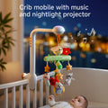 A crib mobile attached to a crib, featuring plush toys like a ladybug, owl, raccoon, sloth, and stars. The mobile plays music, rotates gently, and includes a nightlight projector casting soft lights for a soothing environment.