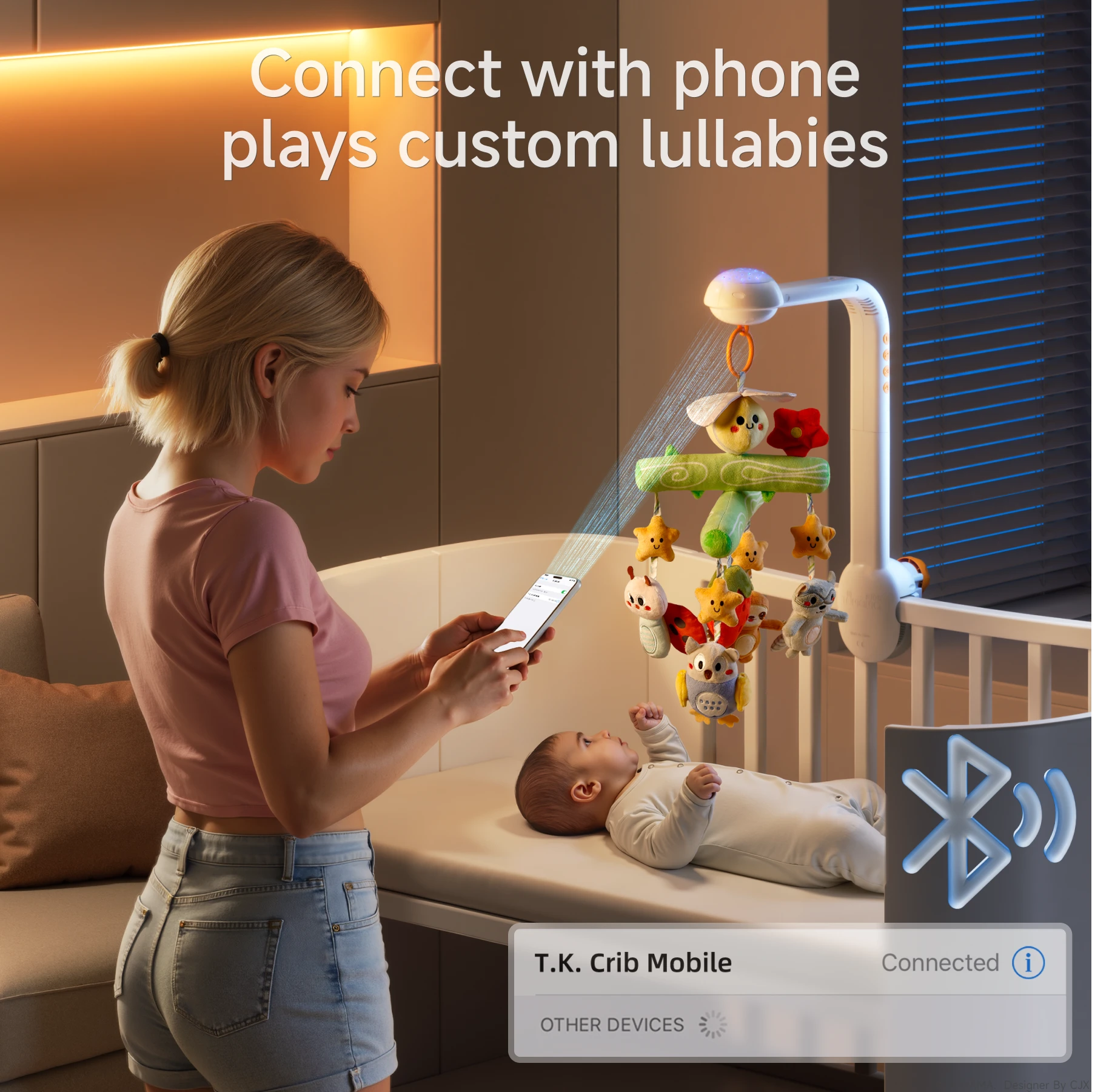 A mother using her smartphone to connect via Bluetooth to a smart crib mobile featuring plush toys (ladybug, owl, raccoon, and sloth). The mobile is attached to a crib, projecting soft lights and playing custom lullabies.