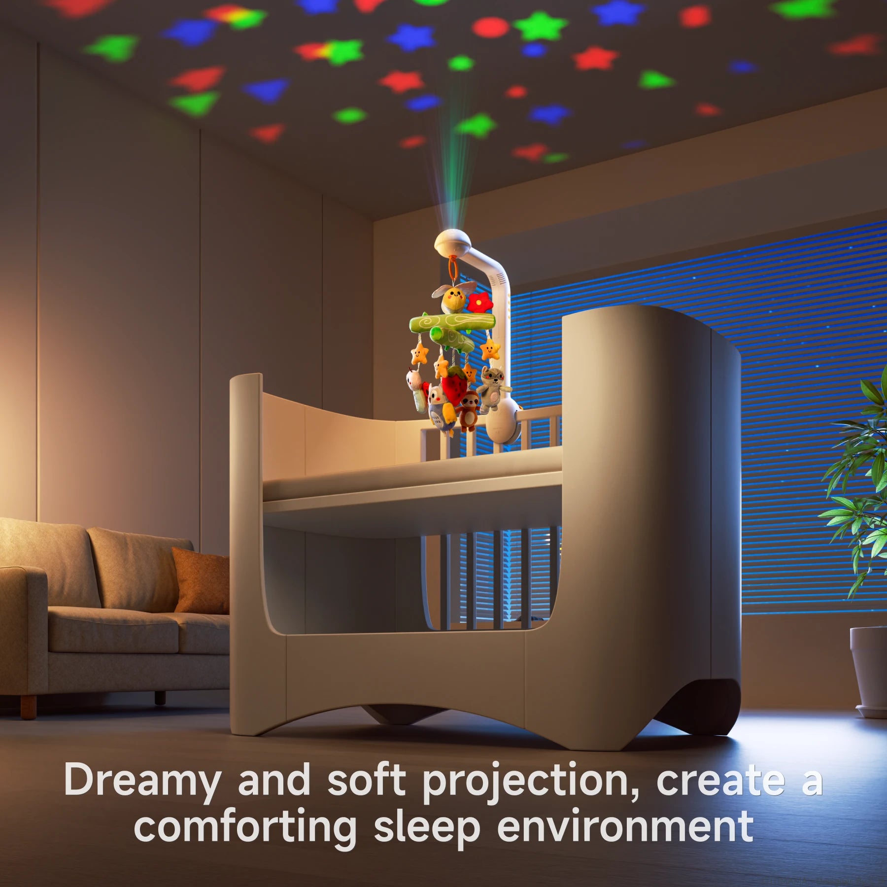 A crib mobile with starry nightlight projection casting colorful stars and shapes onto the ceiling. The mobile features plush toys like a ladybug, owl, raccoon, and sloth, designed to soothe and comfort babies during sleep.
