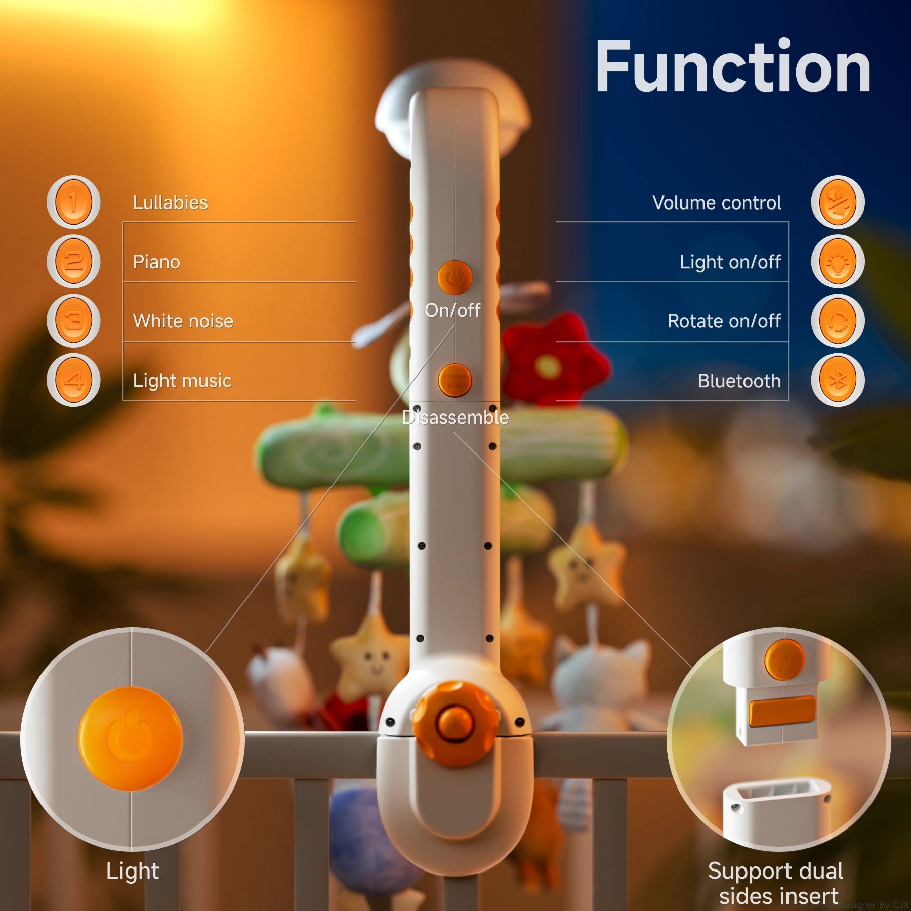 Close-up of the control panel on a crib mobile, showcasing buttons for music modes (lullabies, piano, white noise, light music), volume control, light and rotation toggles, Bluetooth, and disassembly. Dual-sided insert design fits securely on crib rails.