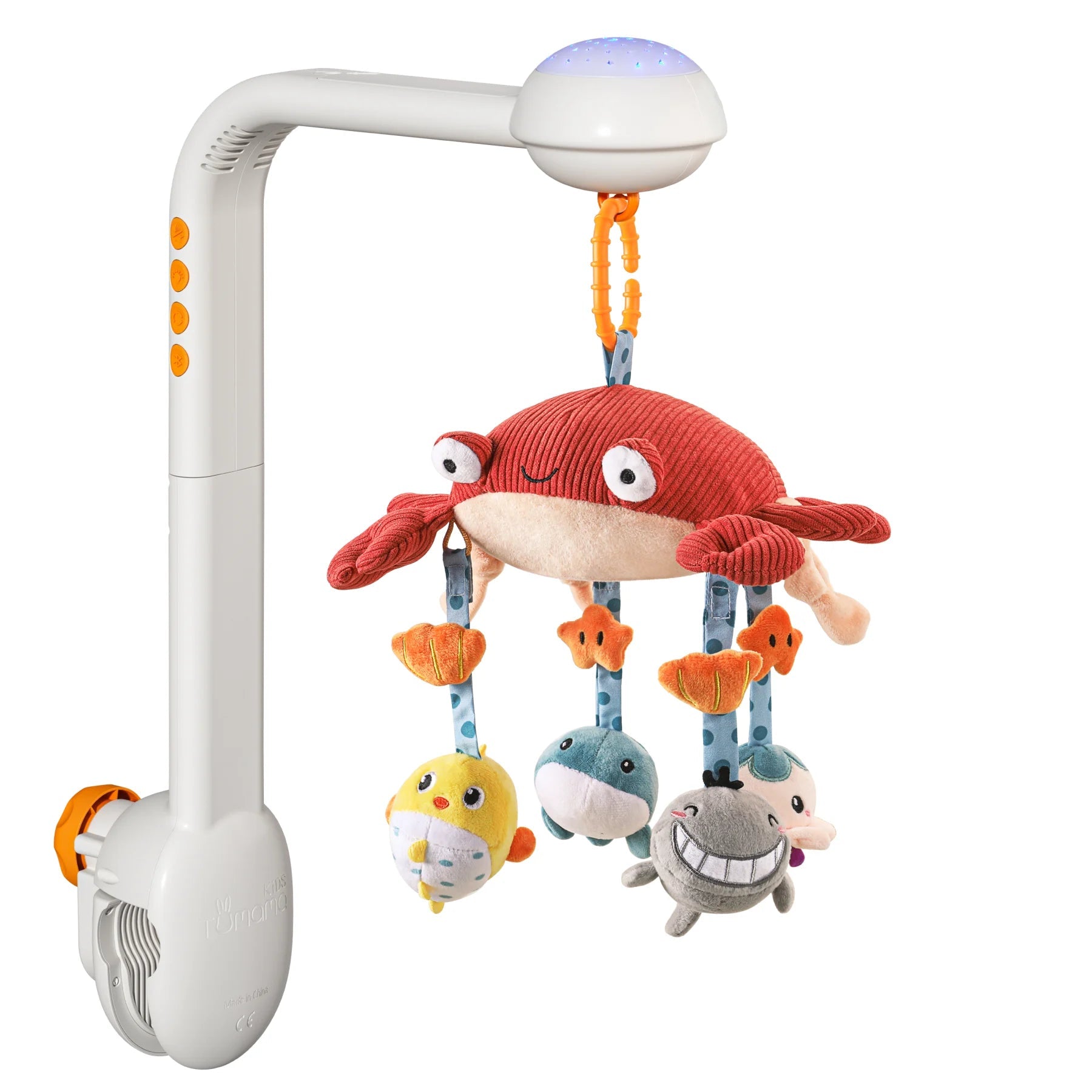 A smart crib mobile featuring a red crab and ocean-themed plush toys, with Bluetooth-enabled controls shown on a smartphone. The mobile includes buttons for manual adjustments and a soft night light for a soothing nursery environment.
