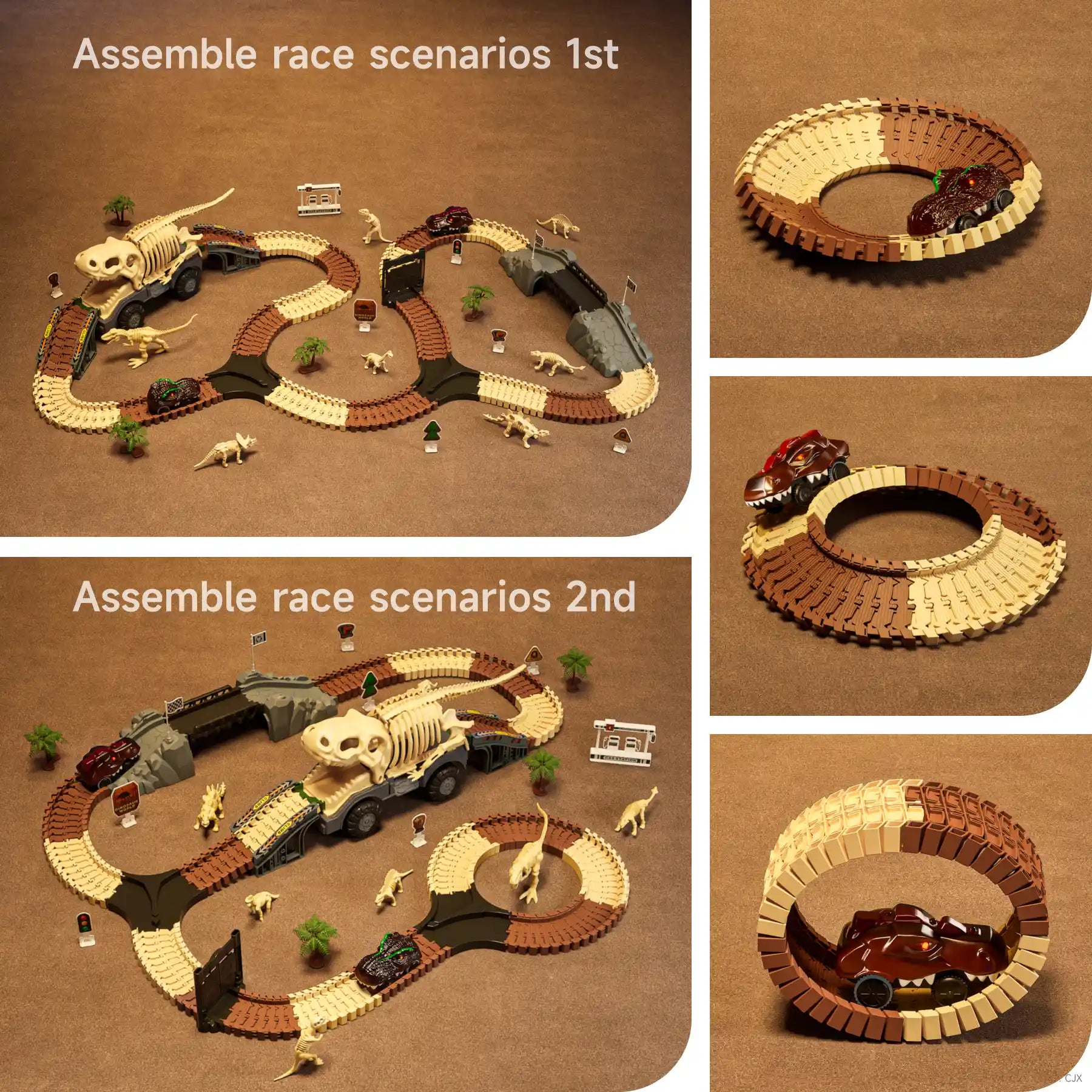 diverse race scenarios for dinosaur race track toy