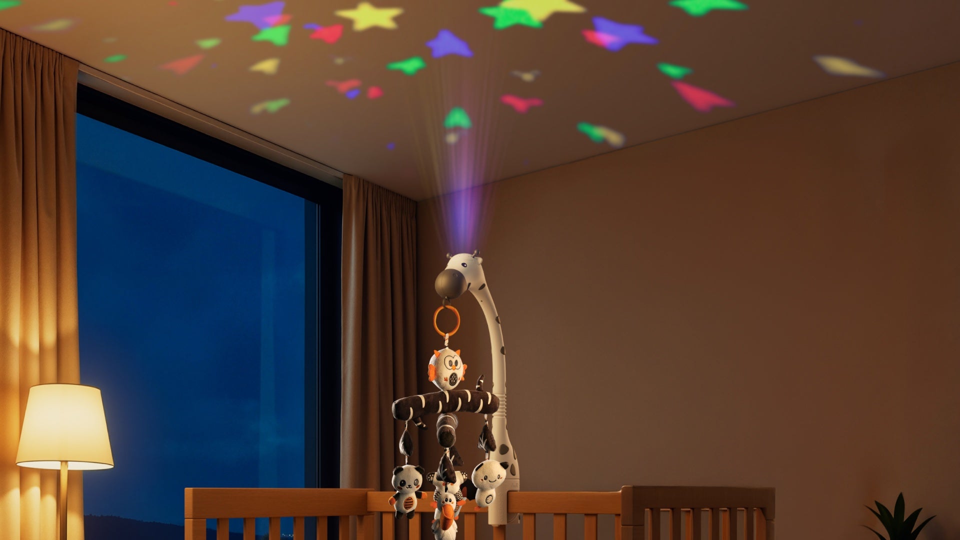 White and white Zebra-shaped bassinet mobile with hanging black, white, and orange plush animal toys, featuring music and star projection light.