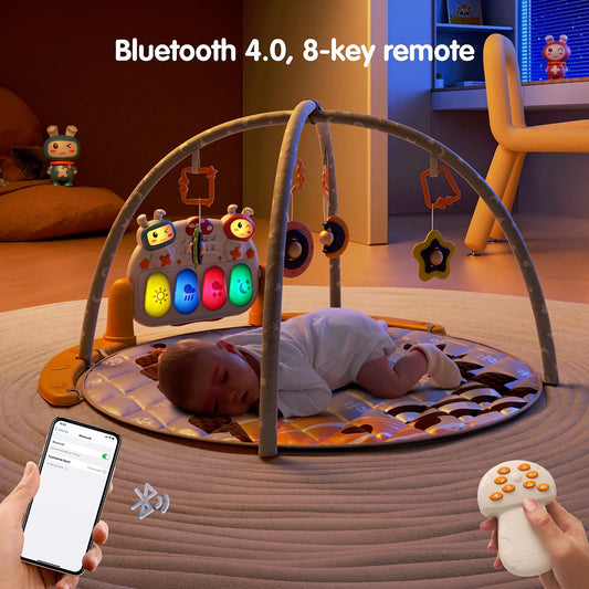 Bluetooth play mat with hanging rattle for newborns