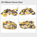 Four different layout designs of a DIY construction-themed toy car track set. Each setup includes winding roads, tunnels, bridges, and a working crane, with yellow toy vehicles such as trucks, jeeps, and excavators placed throughout the tracks. Decorative palm trees and road signs enhance the realistic construction play experience. Text at the top reads: “DIY Different Games Ways,” emphasizing multiple building possibilities.