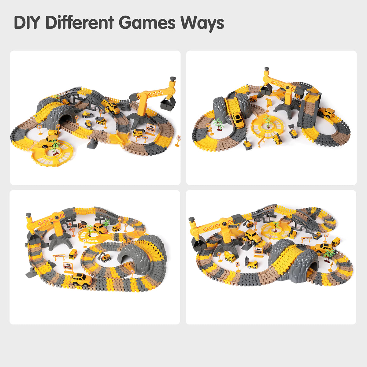 Four different layout designs of a DIY construction-themed toy car track set. Each setup includes winding roads, tunnels, bridges, and a working crane, with yellow toy vehicles such as trucks, jeeps, and excavators placed throughout the tracks. Decorative palm trees and road signs enhance the realistic construction play experience. Text at the top reads: “DIY Different Games Ways,” emphasizing multiple building possibilities.